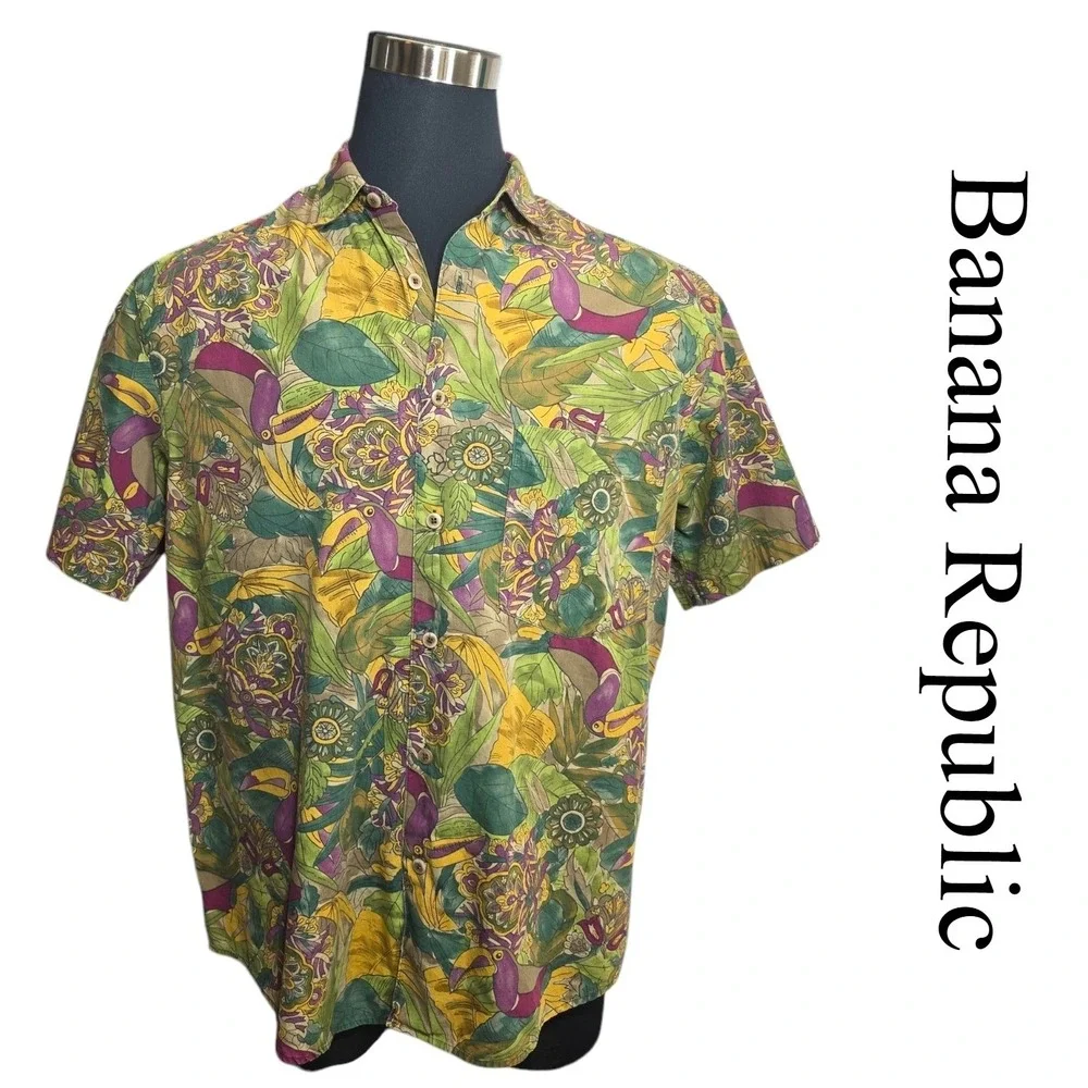 Banana Republic Vintage Safari Travel Toucan Tropical Floral Cotton Shirt Mens M